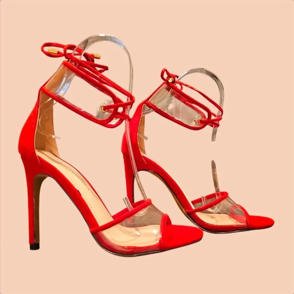 Red Strappy High Heel Sandals With Clear PVC & Ankle Tie Detail Elegant Evening